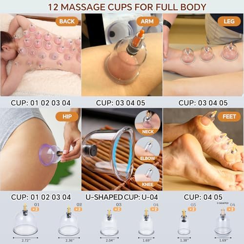 Cupping Therapy Set 12 Massage Cups Cupping Set with Pump Vacuum Suction Cups for Body Cellulite Massage Back Pain Relief, Chinese Acupoint Physical Hijama
