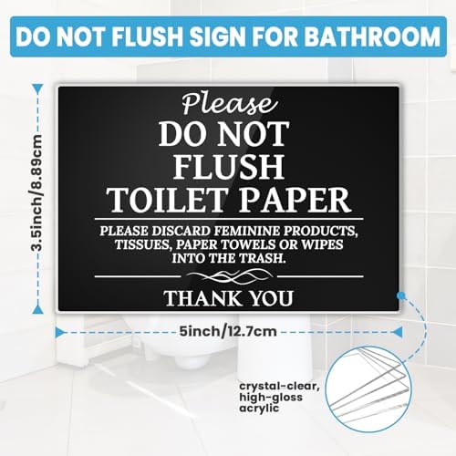 Please Do Not Flush Sign,Thick Acrylic Self-Adhesive Flush Only Toilet Paper Sign, Ideal for Restaurants, Bars, Hotels, and Airbnb (Black)