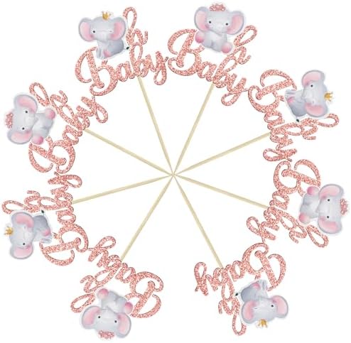 Gyufise 24Pcs Pink Elephant Oh Baby Cupcake Toppers Rose Gold Glitter It's a Girl Baby Shower Cupcake Picks for Elephant Theme Gender Reveal Baby Shower Kids Girls Birthday Party Cake Decorations
