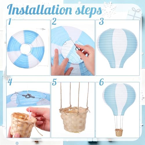 Meooeck 6 Pcs Hanging Hot Air Balloon Decorations Paper Lanterns 12 Inch Reusable Hot Air Balloon Decor Paper Lanterns Set for DIY Craft Wedding Birthday Christmas Home Living Room (Blue White)