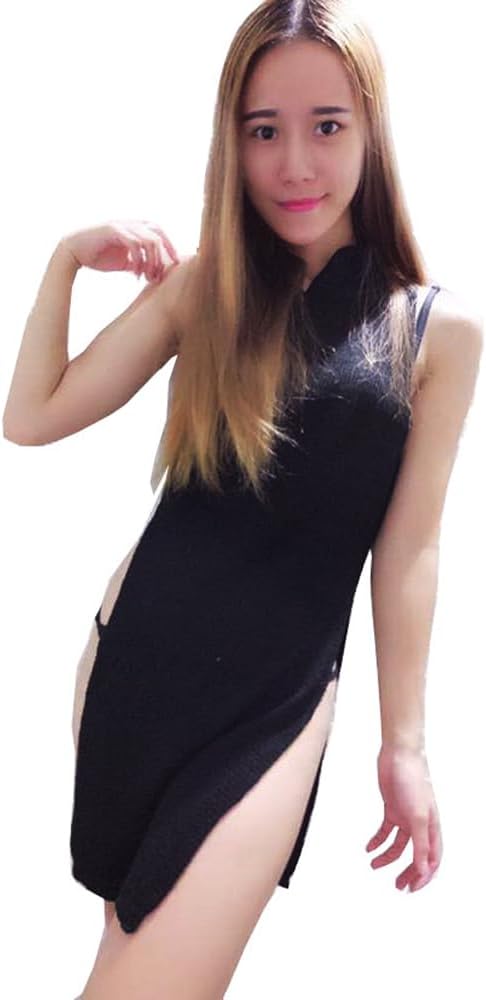 Women Sexy Lingerie Sleeveless High Slit Knitted Sleepwear Anime Cosplay Outfit Cheongsam Lingerie Dress Black