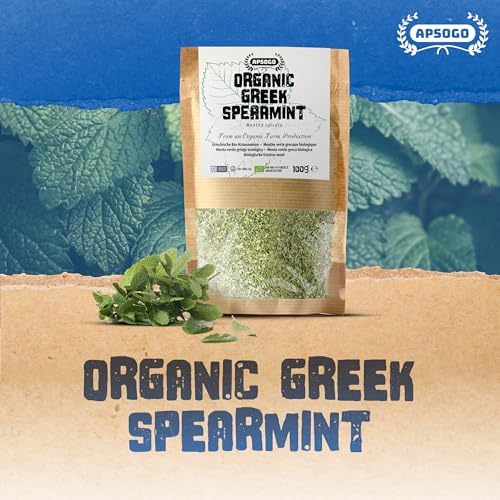Apsogo Organic Greek Spearmint - Dried Spearmint Leaves for Spearmint Tea Loose Leaf, Herbal Tea & Cooking - Organic Spearmint, Mint Leaves, Naturally Sweet Aroma, Caffeine-Free Mentha Spicata - Resealable Pouch, 3.52 oz