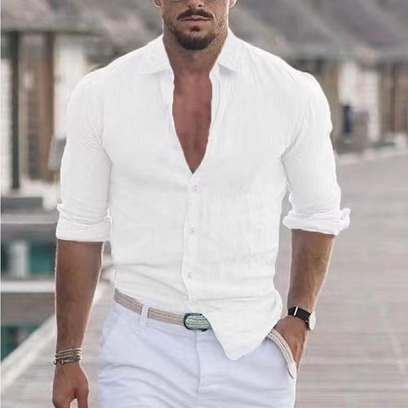 Men's Shirt Cotton Linen Casual Lapel Beach Shirt Long Sleeve Solid Color Holiday Shirt