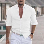 Men's Shirt Cotton Linen Casual Lapel Beach Shirt Long Sleeve Solid Color Holiday Shirt