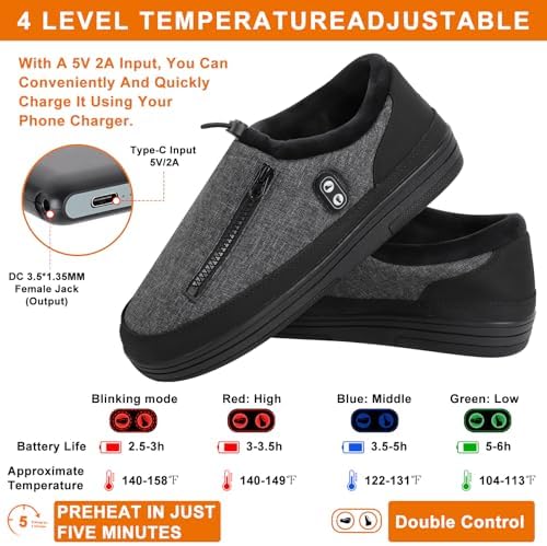 Foot Warmer, Kamlif Heated Slippers for Men Women, 5V Heating Pad, Rechargeable Electric Shoes Indoor House Shoes Plush Slip Outdoor Camping Feet Warmer with 5000 mAh Battery