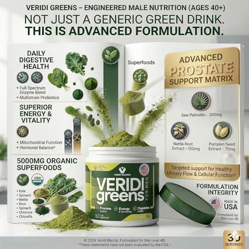 Veridi Greens for Men 40+ – Superfood Powder with Saw Palmetto 200mg & Spirulina – Daily Prostate Health, Urinary Flow & Energy Support – USA Made, Third-Party Tested – Green Tea Flavor, 30 Servings
