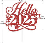 Hello 2025 Cake Topper - Winter Xmas Holiday Cake Decor, Merry Christmas, Welcome 2025 Santa Happy New Year Eve Party Decorations Supplies, Red Glitter