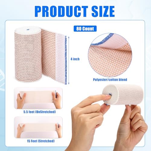 Nuogo 80 Pack 4 Inch Elastic Bandage Wrap Reusable Compression Bandage with Self Closure Athletic Stretchable Wrap for Legs Knees Ankles Wrists Elbows Shoulders Sports Medical Injury Recovery