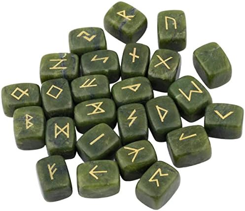 rockcloud Green Jade Rune Stones Tumbled Engraved Lettering Crystal Set for Wicca Crystals Healing Chakra Reiki