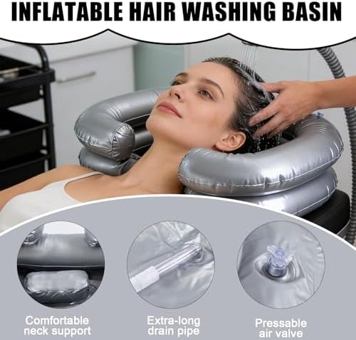 Inflatable Shampoo Basin, Portable Inflatable Hair Washing Basin, Shampoo Bowl with Neck Support and Drain Hose for The Elderly, Disabled, Pregnant Women, Injured People, Hair Wash Tub for Dreads