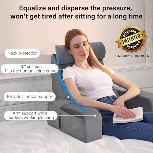 ENITYA Back Pillow for Bed Sitting Up,Reading Pillow with Armrests & Big Pockets for Adults,Upright Pillow for Resting,Watching TV,Nursing,Recovery,Gaming,Grey