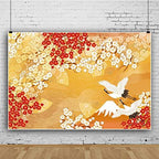 Leyiyi 7x5ft Red-Crowned Cranes Backdrop Fuji Snow Mountain Vintage Folding Fan White and Red Cherry Blossoms Yellow Photography Background Japanese Style Photo Portrait Studio Prop