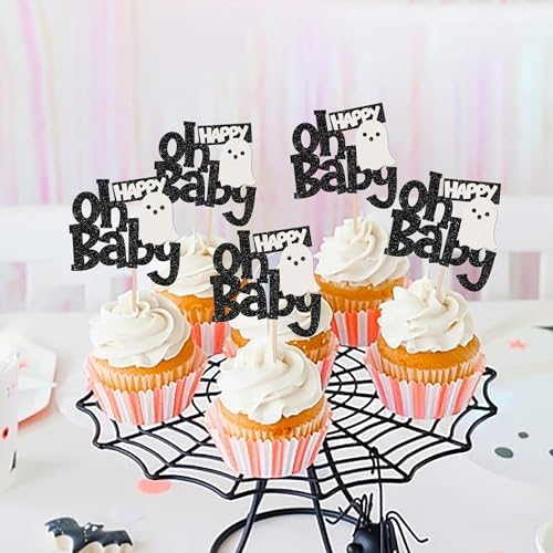 Oh Baby 24 Pack Halloween Cupcake Toppers - Glitter Ghost Cupcake Picks for Baby Shower, Kids Birthday, Party Decoration