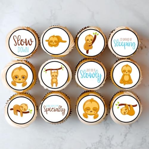 24 Sloth Cake Decorations, Cute Sloth Edible Cupcake Toppers - Stand Up Disc Wafer Cake Decorations, Rainforest Animal Jungle Baby Shower, 4cm / 1.5 Inch Wafer Card Discs UNCUT