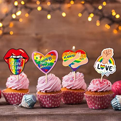 Gay Pride Cupcake Toppers LGBT Pride Cupcake Picks for Party Supplies Rainbow Decorations Dessert Decor Love is Love Cake Photo Props 30PCS