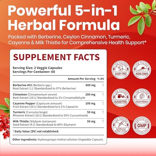 VEV Berberine Supplement with Ceylon Cinnamon, Cayenne Pepper, Turmeric, Milk Thistle, Vegan & Non-GMO – 120 Capsules