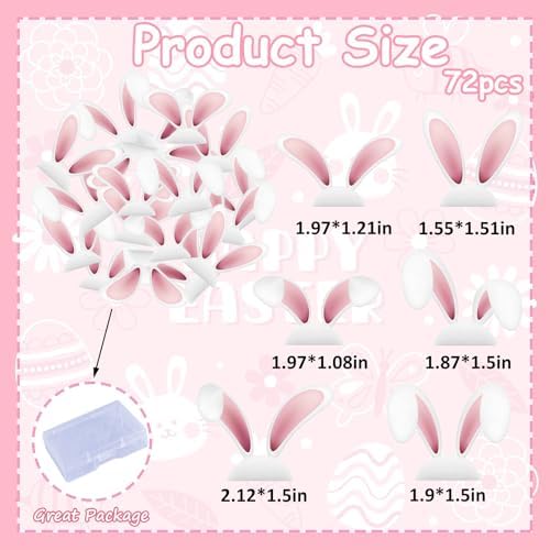 72PCS Edible Easter Bunny Ear Cupcake Toppers Wafer Paper Pink White Bunny Ear Cake Toppers Edible Rabbit Ears Cupcake Picks for Easter Theme Spring Birthday Baby Shower Party Supplies