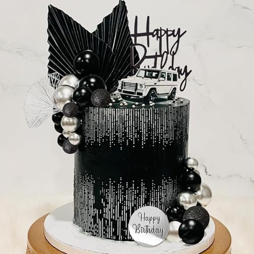Silver Black Balls Cake Toppers Happy Birthday Cake Decorations for Wedding Baby Shower Birthday Party Decorations (Silver Black)