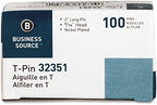 Business Source 32351 T-Pins, 9/16 in. Head Width, 2 in. Length, 100/BX, Silver