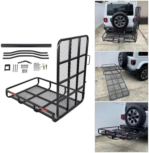ECOTRIC Hitch Mount Wheelchair Carrier with Mobility Ramp for Wheelchair Scooter Lawn Mower Snow Blower Hauler 500lb Capacity Basket-Style, 73lbs Weight