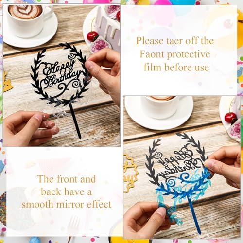 Jetec 48 Pcs Acrylic Happy Birthday Cake Topper - Gold, Black, Rose Gold, Silver - Cupcake Topper, Sign, Cake Pick for Party Desserts & Pastries