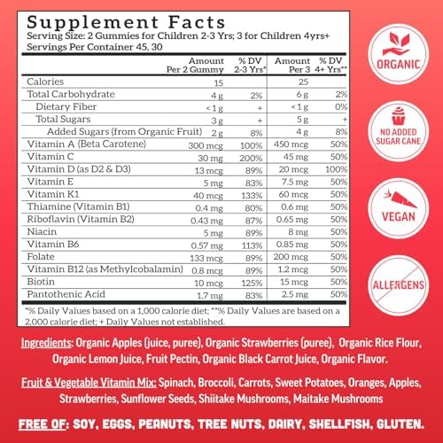 Llama Naturals Kids Multivitamin Gummies | Real Fruit, No Added Sugar Cane | Organic Vegan Toddler Whole Food Vitamins | Vitamin D, C & Beta Carotene Gummy Supplement | Strawberry 90 Ct (1-2 Months)