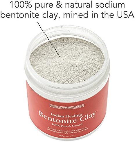Pure Body Naturals Bentonite Clay Powder for DIY Detox Body & Face Mask, Pure Indian Healing Clay for Deep Pore Cleansing and Armpit Detox for Women, (8.0 oz)