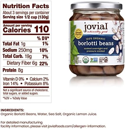 Jovial 100% Organic Borlotti Beans - Borlotti, Organic Borlotti, No Saturated Fat, Gluten Free, Recyclable Glass, Great Source of Fiber, No Additives or Preservatives, Product of Italy - 13 Oz