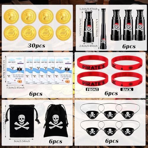 Shappy 6 Set Pirate Night Cruise Gifts Fish Extender Exchange Gifts for Cruise Pirate Silicone Bracelets, Eye Patches, Telescope, Golden Coin for Carnival Party Treasure Find Cosplay Birthday Party