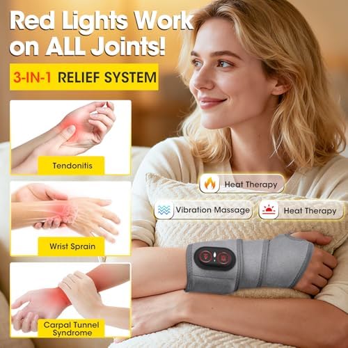 Cordless Wrist Heating Pad Wrap for Arthritis and Carpal Tunnel, Rechargeable Heated Wrap Pad Wrist Massager for Hand Pain Relief, Red Light Heated Therapy Brace for Wrist to Woman Man and Elder, Gray