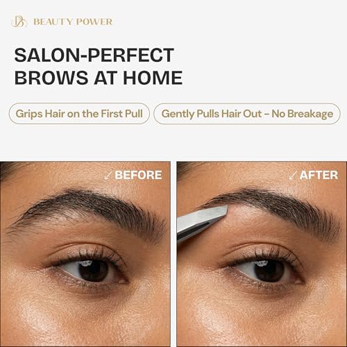 Beauty Power Professional Tweezers in Case - Slant, Durable Lightweight German Stainless Steel, Ultra Precision Tweezers for Eyebrows, Facial Hair, Chin, and Ingrown Hair Removal - Gift Idea - Gray