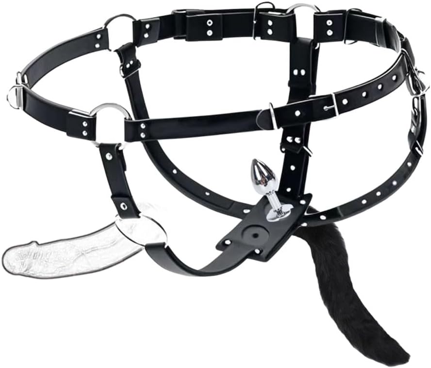Strapon Dildo Harness with Anal Plug Tail – Adjustable Black Double Penetration Fetish Harness for Anal & Vaginal Use – Unisex Strap for Couples(waist 32"-70")