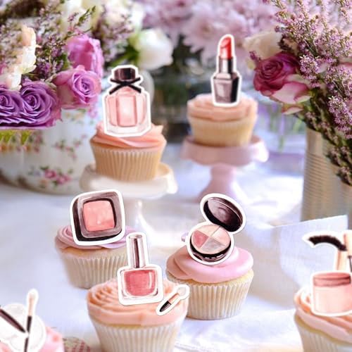 Ercadio 44 Pack Edible Make up Cupcake Toppers Picks for Cosmetics Lipstick Perfume Bottle Cake Drink Topper Decor for Makeup Theme Bridal Shower Bachelorette Birthday Party Decorations Supplies