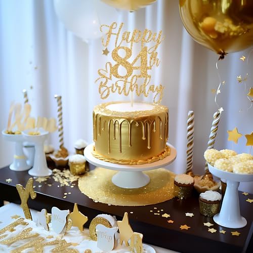 Happy 84th Birthday Cake Topper, 84th Birthday Decorations for Men/Women, Cheers to 84 Years, Hello 84, 84th Happy Birthday Party Supplies Gold Glitter