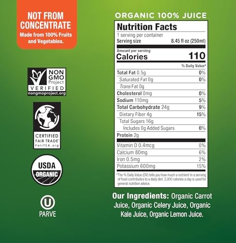 Wonder Green 100% Organic Carrot, Celery & Kale Cold Pressed Juice, 8.45 oz (6 Pack) | Vegetable Juice Blend, All Natural, No Additives or Preservatives, Not from Concentrate