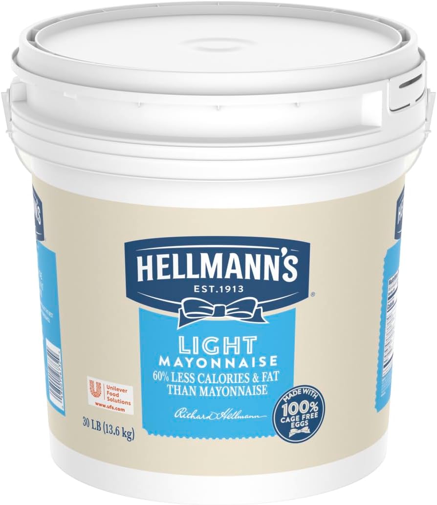 Hellmann's Light Mayonnaise Pail Condiment for Sandwiches, Salads, Mayo Made with 100% Cage Free Eggs, Gluten Free, 30lb Pail, 4 gallon (Pack of 1)
