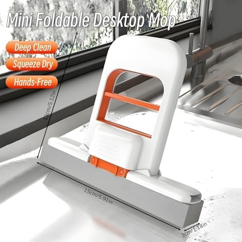 Mini Foldable Desktop Mop, Portable Self-Squeeze Short Mop, Wet and Dry Use Cleaning System, Mini Lazy Hand Wash Short Device for Bathroom, Kitchen, Car (2pcs with 4pcs Heads)