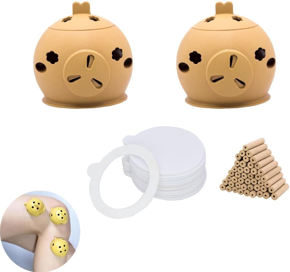2 Pack Moxa Box Portable Moxibustion Burner Holder with 50 Rolls Mini Mugwort Stick and Adhesive Sticker for Accupoint Moxa Heating Treatment Acupuncture Point Massage Pain Relief Acupuncturist