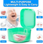 2 Pieces Denture Bath Box Case - Portable Soaking Cup with Strainer Basket - Storage Container for Retainers, Night Guards and Mouth Guards - Travel Friendly