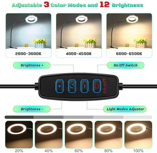 10X Magnifying Glass with Light, Clip on Mganifier with Light, 48 LED Desk Magnifying Glass wtih Clamp, 3 Modes Dimmable Magnifying LED Lamps for Bed Work Crafts DIY Repair