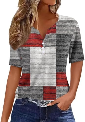 Generic Women Short Sleeve Tops 2024 Summer Casual V Neck Pullover Fashion Plus Size Blouse Tees Printed Button T Shirt