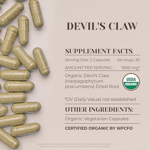 Devil's Claw USDA Organic 60 Capsules | High-Potency Natural Supplement | Certified Organic Vegetarian Capsules and Organic Devil's Claw (Harpagophytum procumbens) Dried Root (60 Capsules)