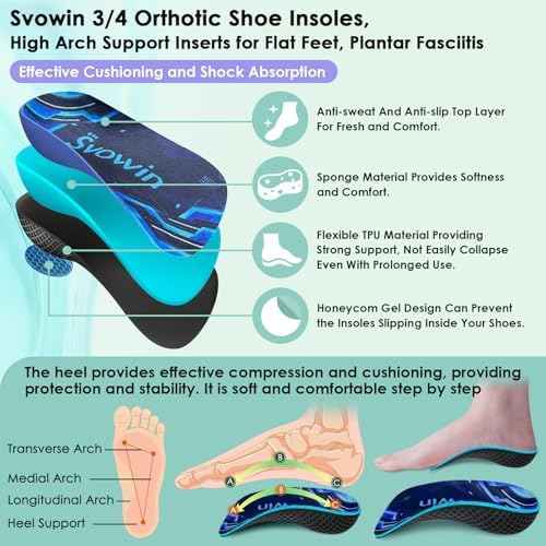 Svowin High Arch Support Shoe Inserts for Flat Feet, Orthotic Insoles for Plantar Fasciitis, Comfort 3/4 Heel Cups for Men Wowen Over-Pronation and Heel Pain (Large(Men's 9-11 / Women's 10-12))