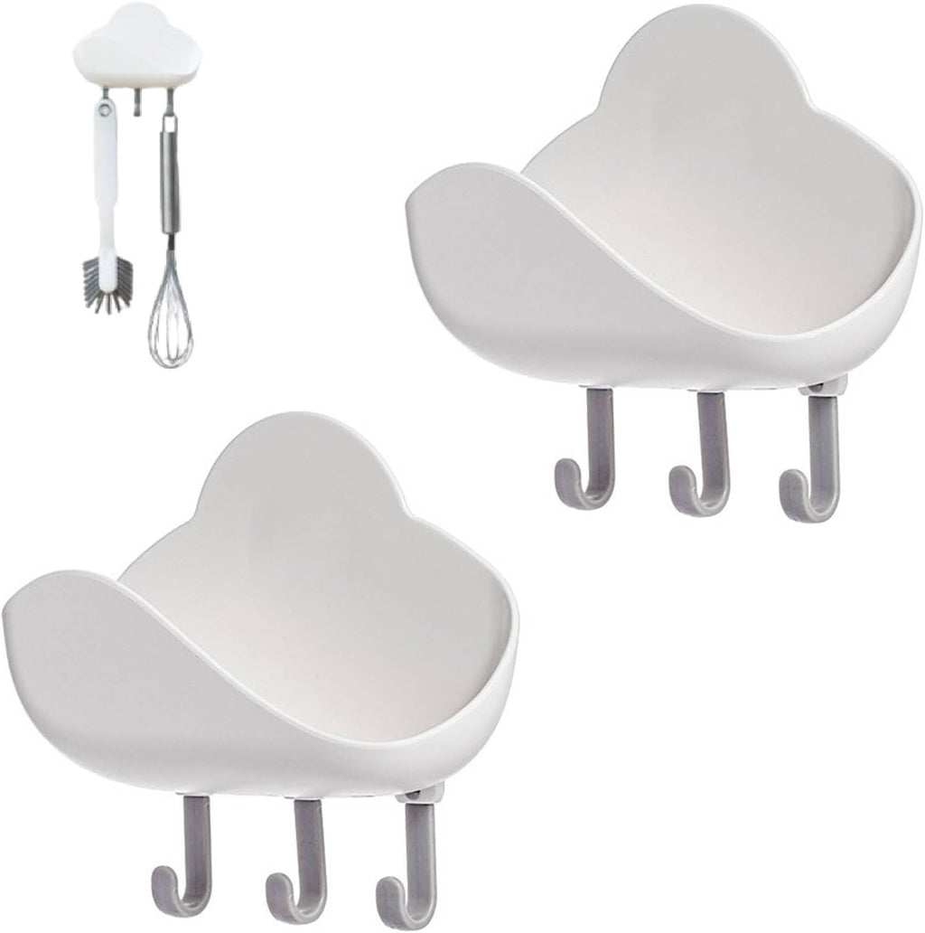 Soap Holder, 2PCS Cloud Shape Abs Soap Dish Wall Bathroom Organizer Draining Box Shower Rack with 3 Hooks for Bathroom Toilet