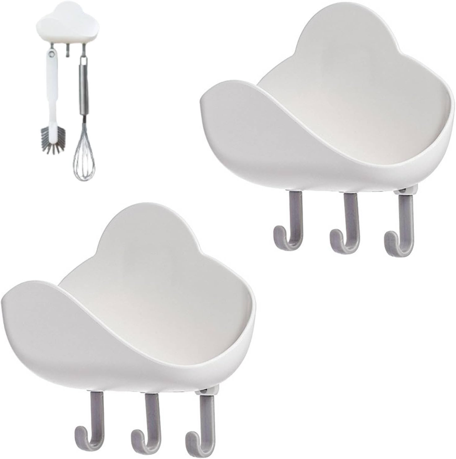Soap Holder, 2PCS Cloud Shape Abs Soap Dish Wall Bathroom Organizer Draining Box Shower Rack with 3 Hooks for Bathroom Toilet