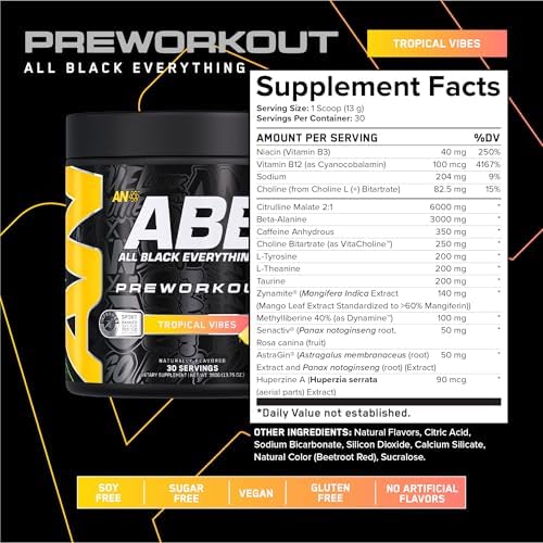 All Black Everything Pre-Workout Powder | Preworkout Energy Drink Mix | 350mg Caffeine | Beta Alanine & Citrulline | Energy Supplement for Men & Women | Tropical Vibes | 30 Servings