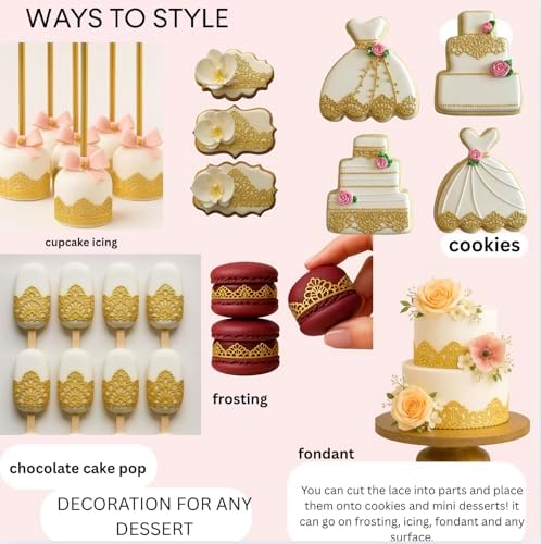 3 Pieces Shiny Gold Honeycomb Edible Sugar Cake Lace Strips - Ready to Use Handcrafted Decoration with 3D Effect