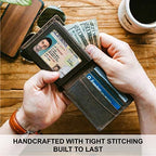Top Grain Leather Wallet for Men | RFID Blocking | Extra Capacity Bifold Wallet with 2 ID Windows | Ultra Strong Stitching | Slim Billfold with 8 Card Slots | Gift for Him