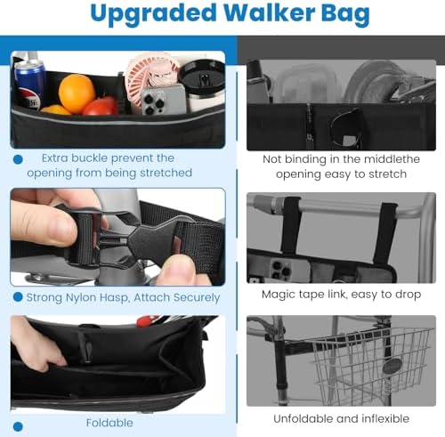 ZHCHG Walker Basket for Seniors, Walker Accessories, Folding Walker Bag with Large Capacity & Never Tipping Over, Best Gift- Black (Not Fit Rollator Walkers)