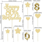 Gyufise 15Pcs Happy 80th Birthday Cake Topper Set with Heart Star Glitter Cheers to 80 Years Cake Picks Number 80 Candles Cake Decorations for Happy 80th Birthday Anniversary Party Supplies Gold